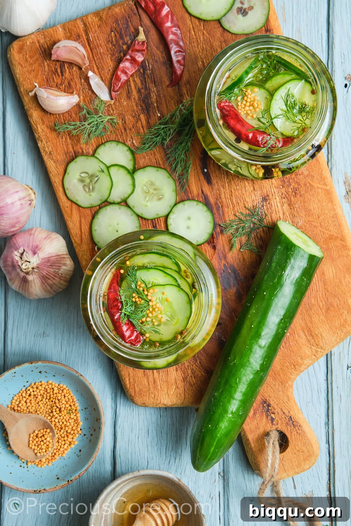 Refrigerated homemade cucumber pickles.