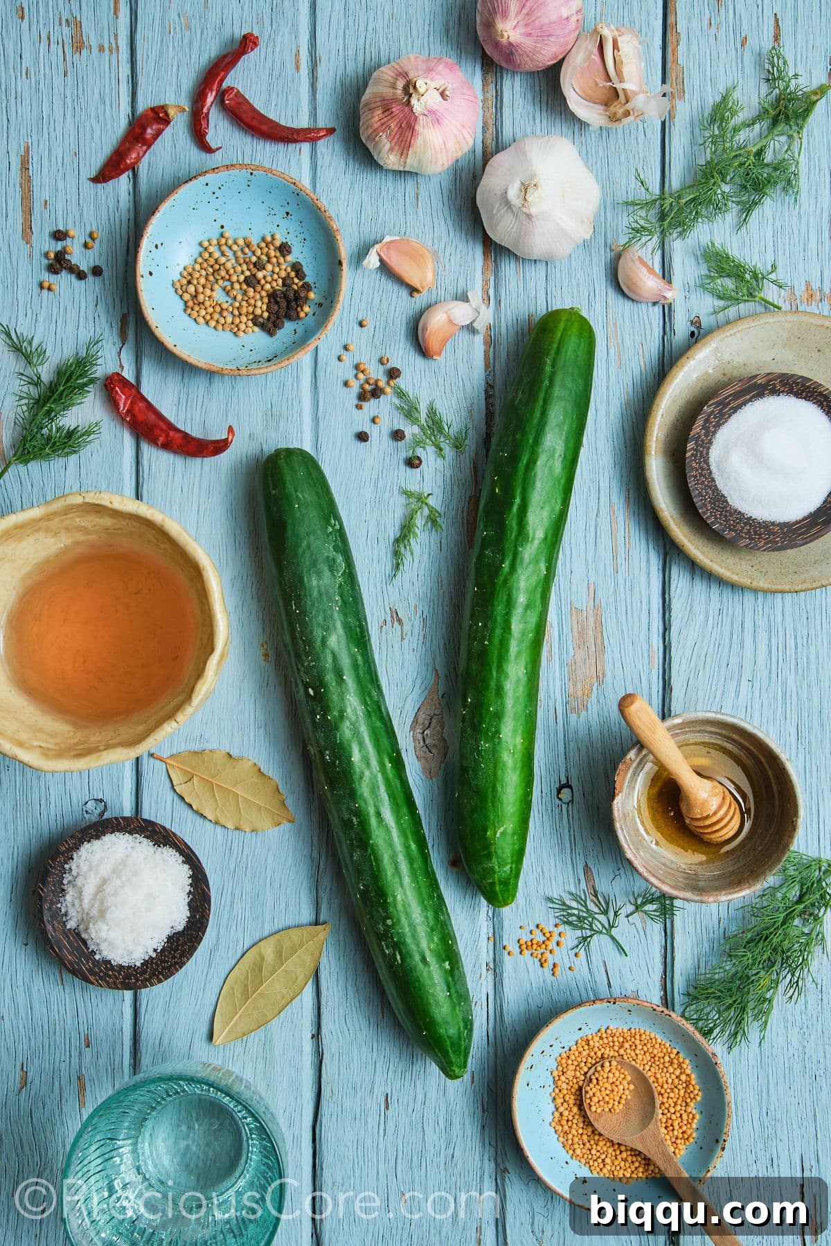 Quick pickled cucumbers ingredients on a blue board.