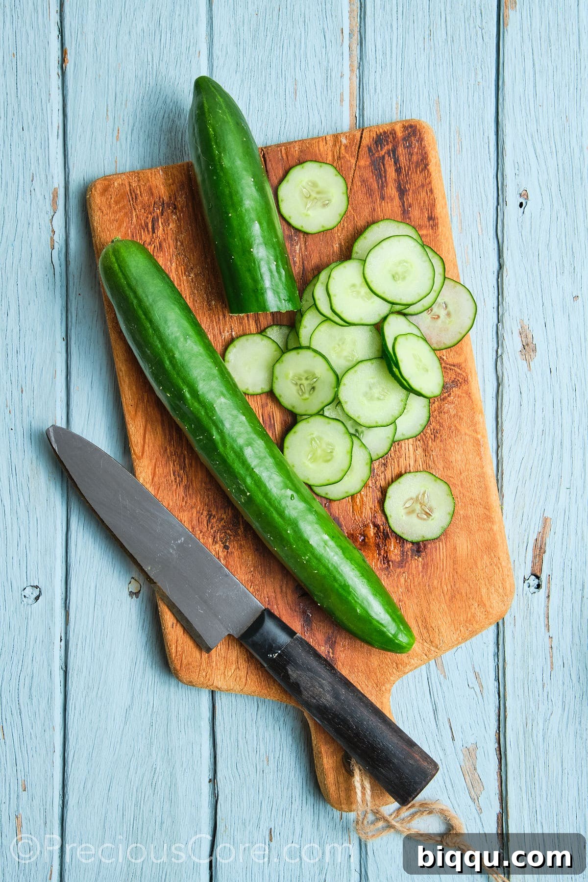 Slicing cucumbers on a cutting board into rounds.