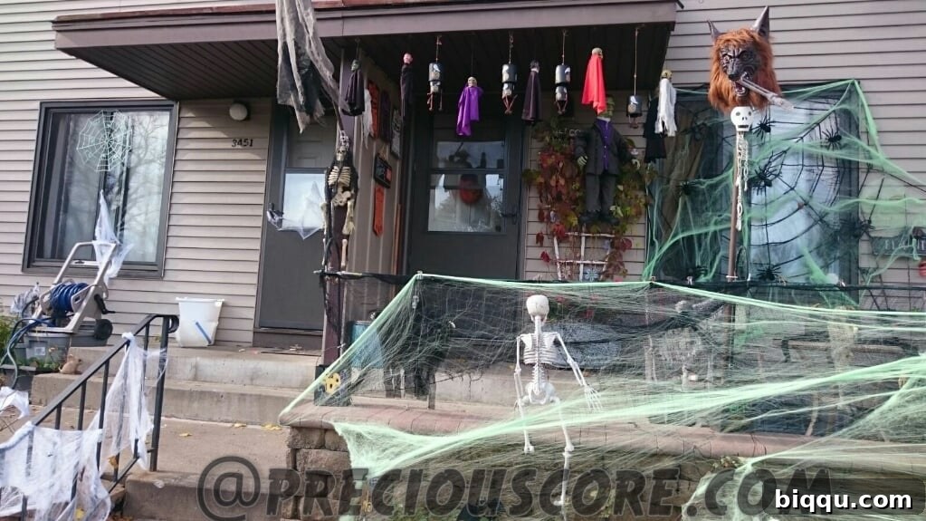 Halloween decorations featuring numerous cobwebs.