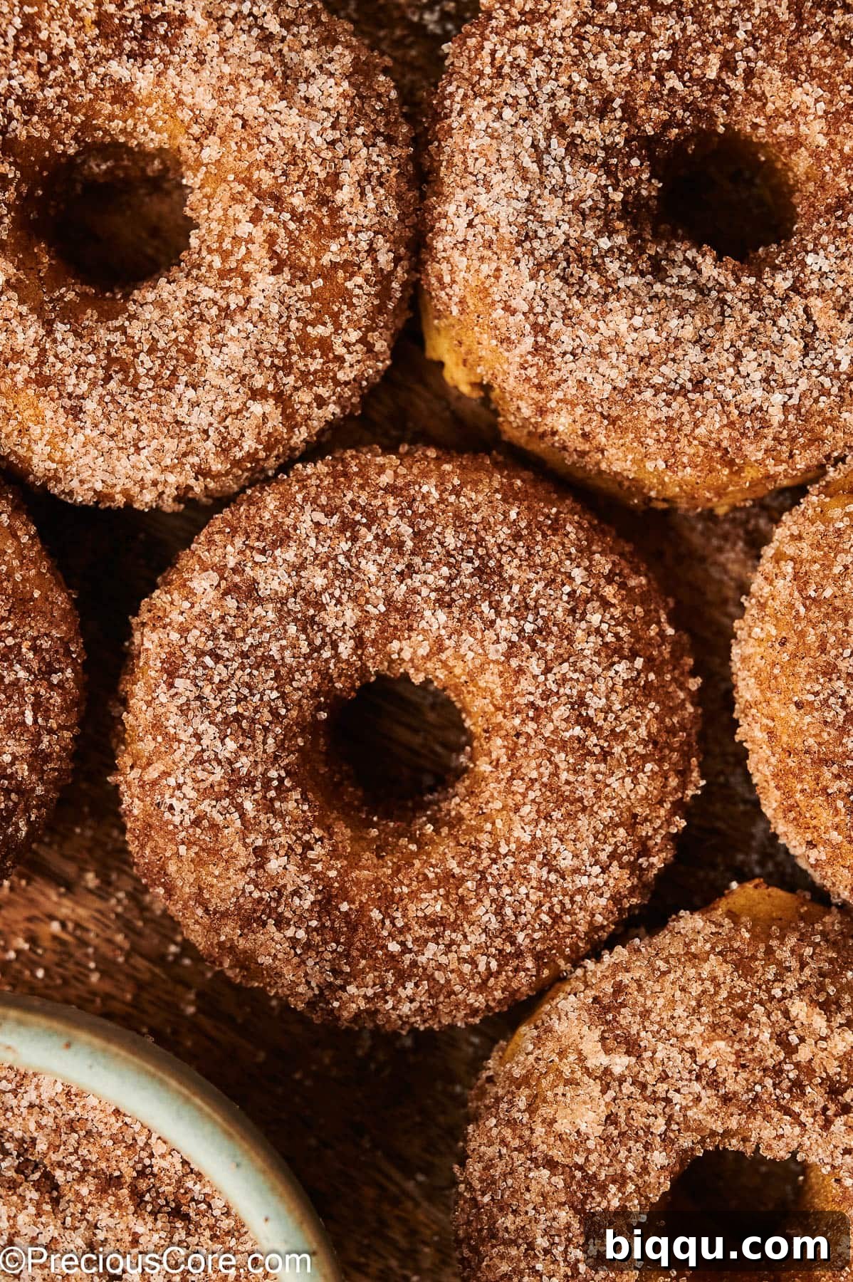 Pumpkin doughnuts coated in cinnamon sugar.