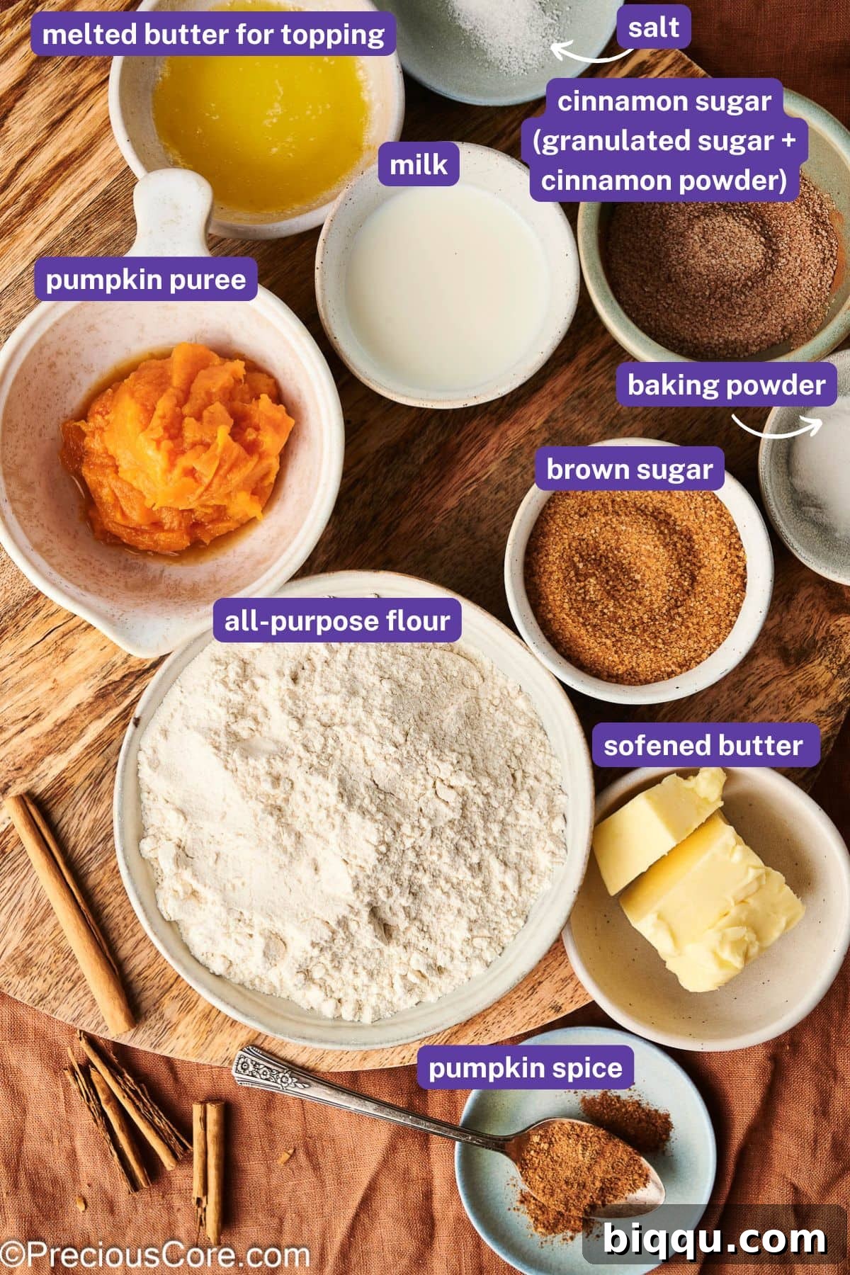 Ingredients for pumpkin spice doughnuts with labels on them.