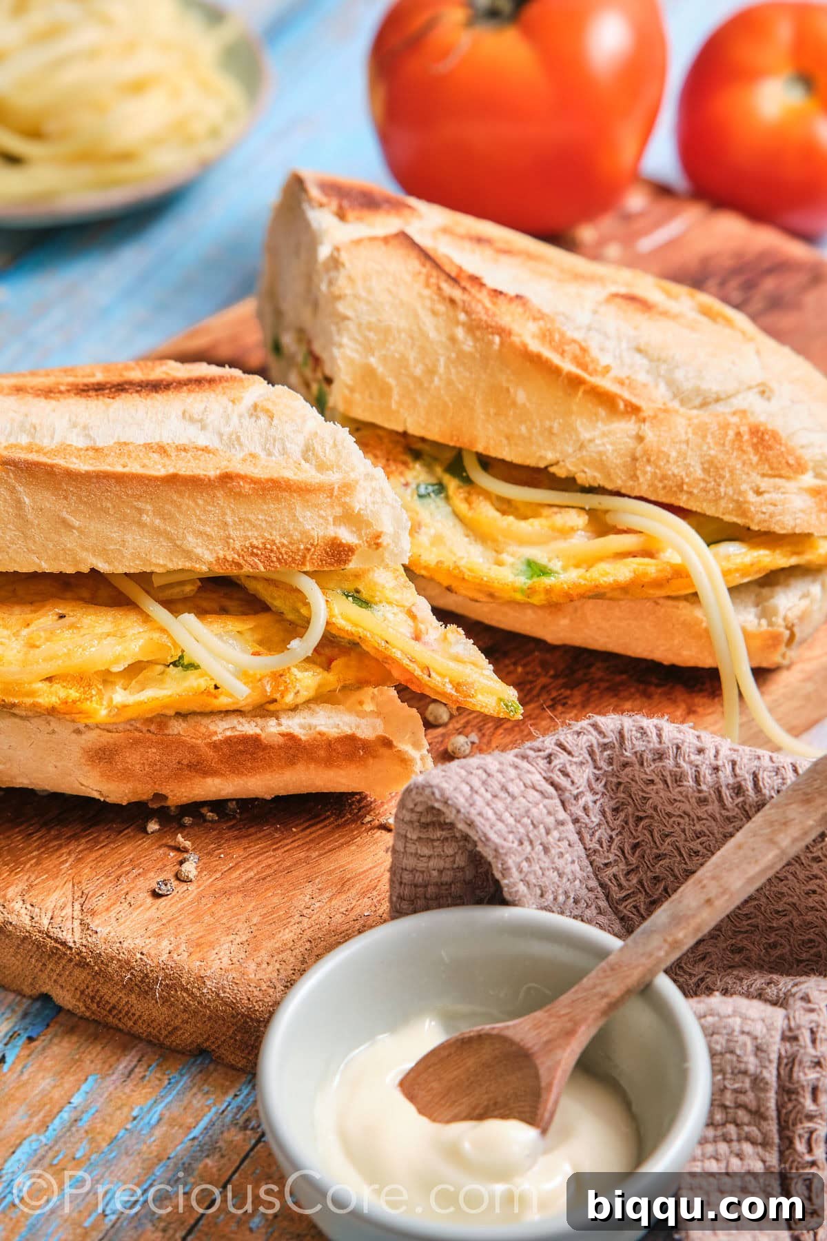 A perfectly golden-brown Cameroonian Spaghetti Omelette Sandwich, stuffed into a crispy French baguette and cut in half, showcasing its rich filling.
