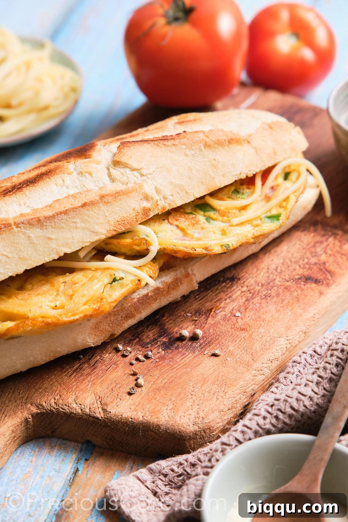A complete, delicious spaghetti omelette sandwich presented on a rustic cutting board, ready to be served and enjoyed.