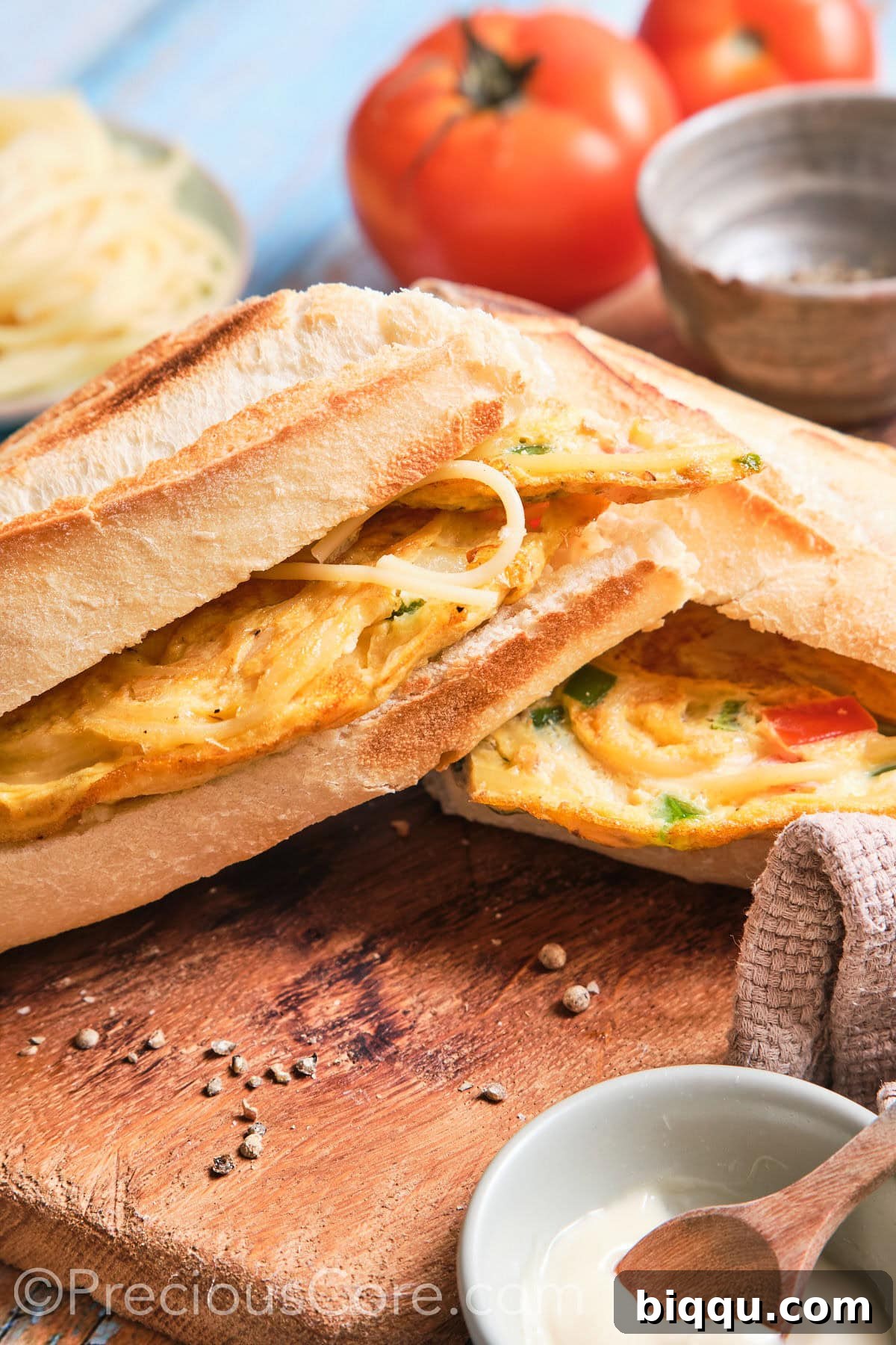 A delicious Cameroonian Spaghetti Omelette Sandwich, beautifully cut in half to reveal its rich, hearty filling and golden-brown exterior, presented on a wooden board.