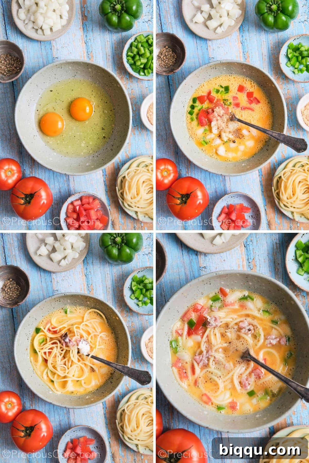 A step-by-step visual of the spaghetti omelette mixture being prepared in a bowl, showcasing the diced vegetables, spaghetti, and eggs being combined.
