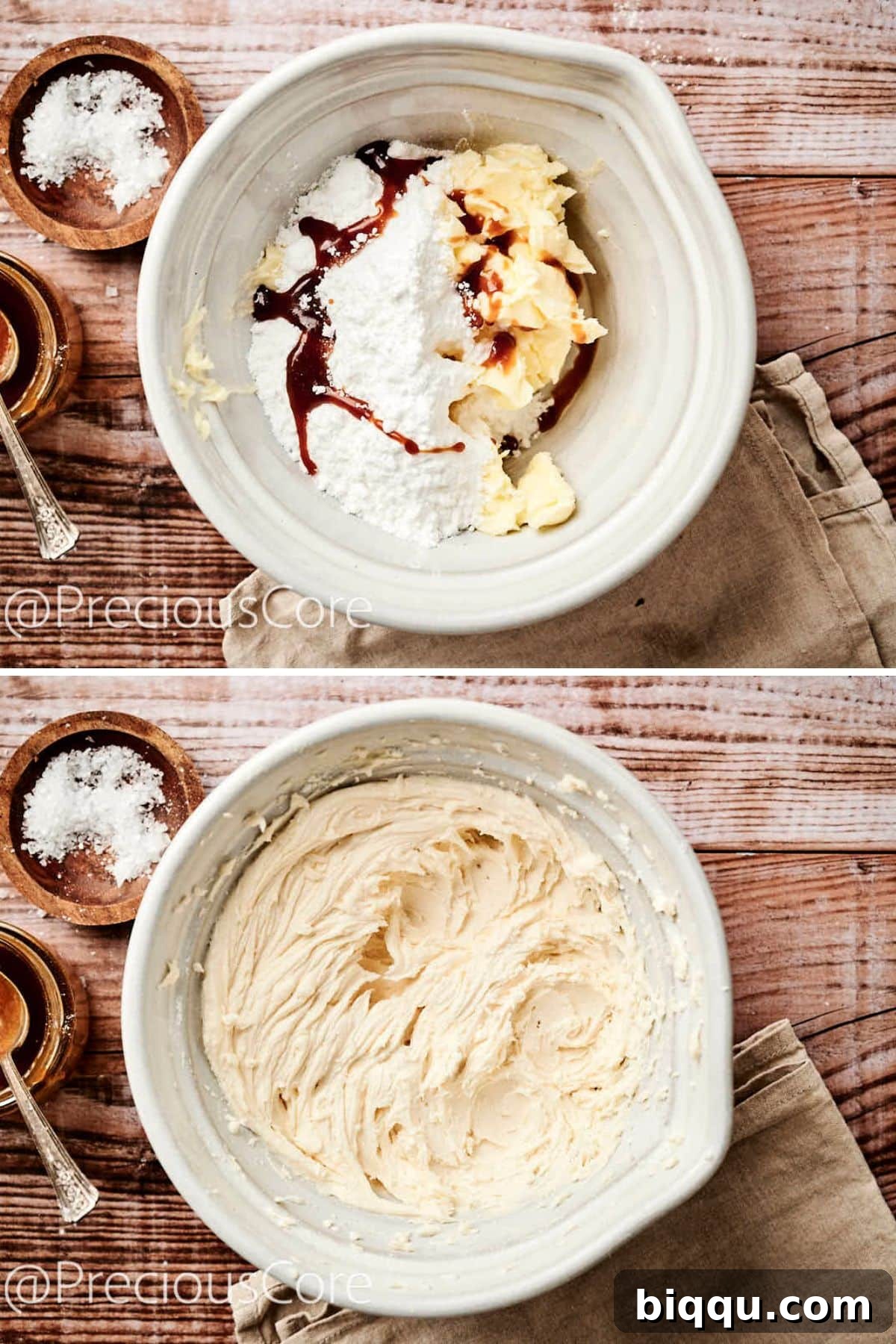 A hand mixer expertly blending butter, icing sugar, and caramel sauce in a large bowl to create a smooth, fluffy, and rich caramel buttercream.