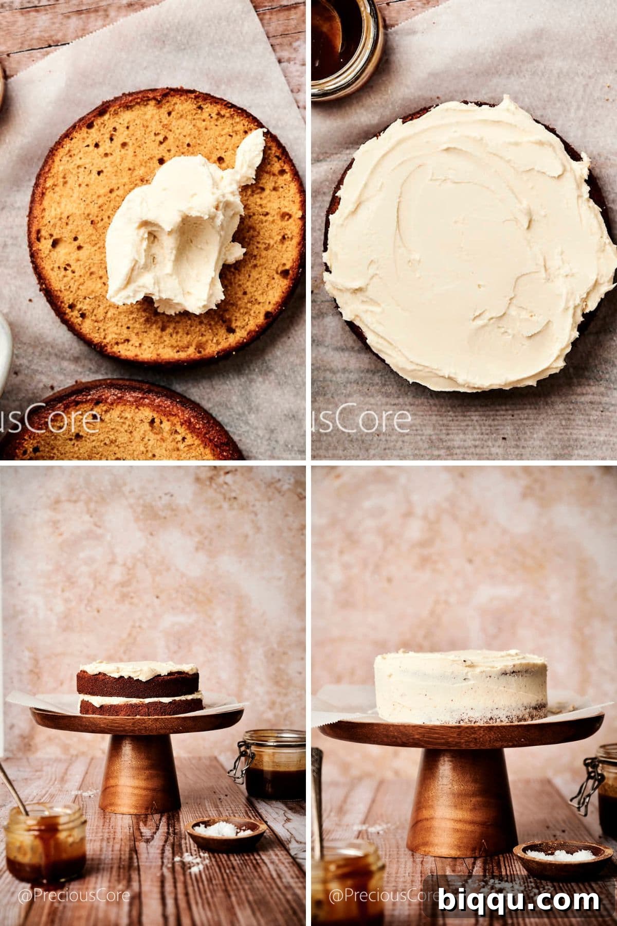 The process of assembling the salted caramel cake, showing one cake layer on a stand with buttercream being spread evenly, preparing for the next layer.