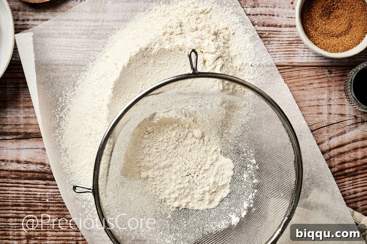 Close-up shot of a fine mesh sieve being used to sift flour into a mixing bowl, creating a smooth, lump-free ingredient base for the cake.