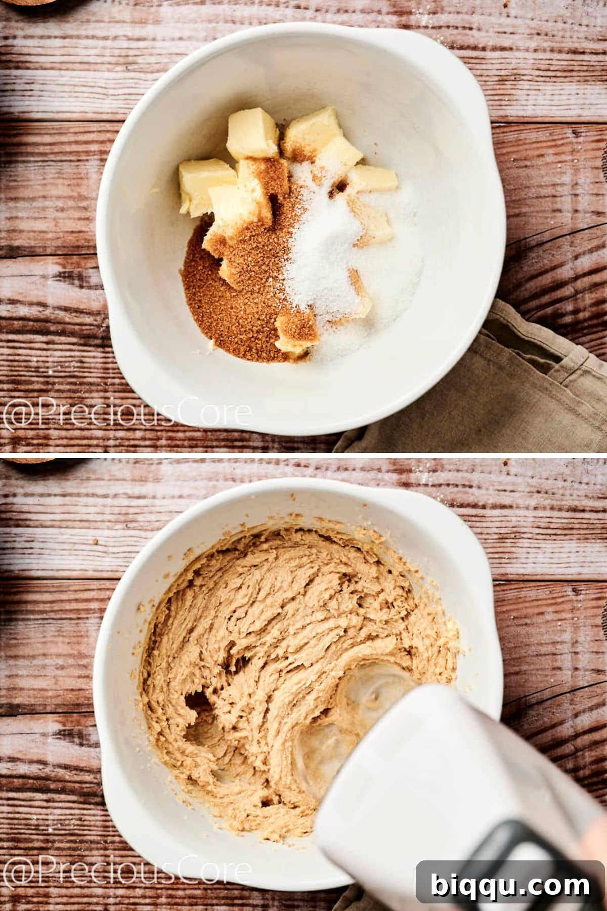 The creaming process in action, showing softened butter, sugars, and caramel sauce being beaten together in a large bowl, achieving a light and fluffy consistency.