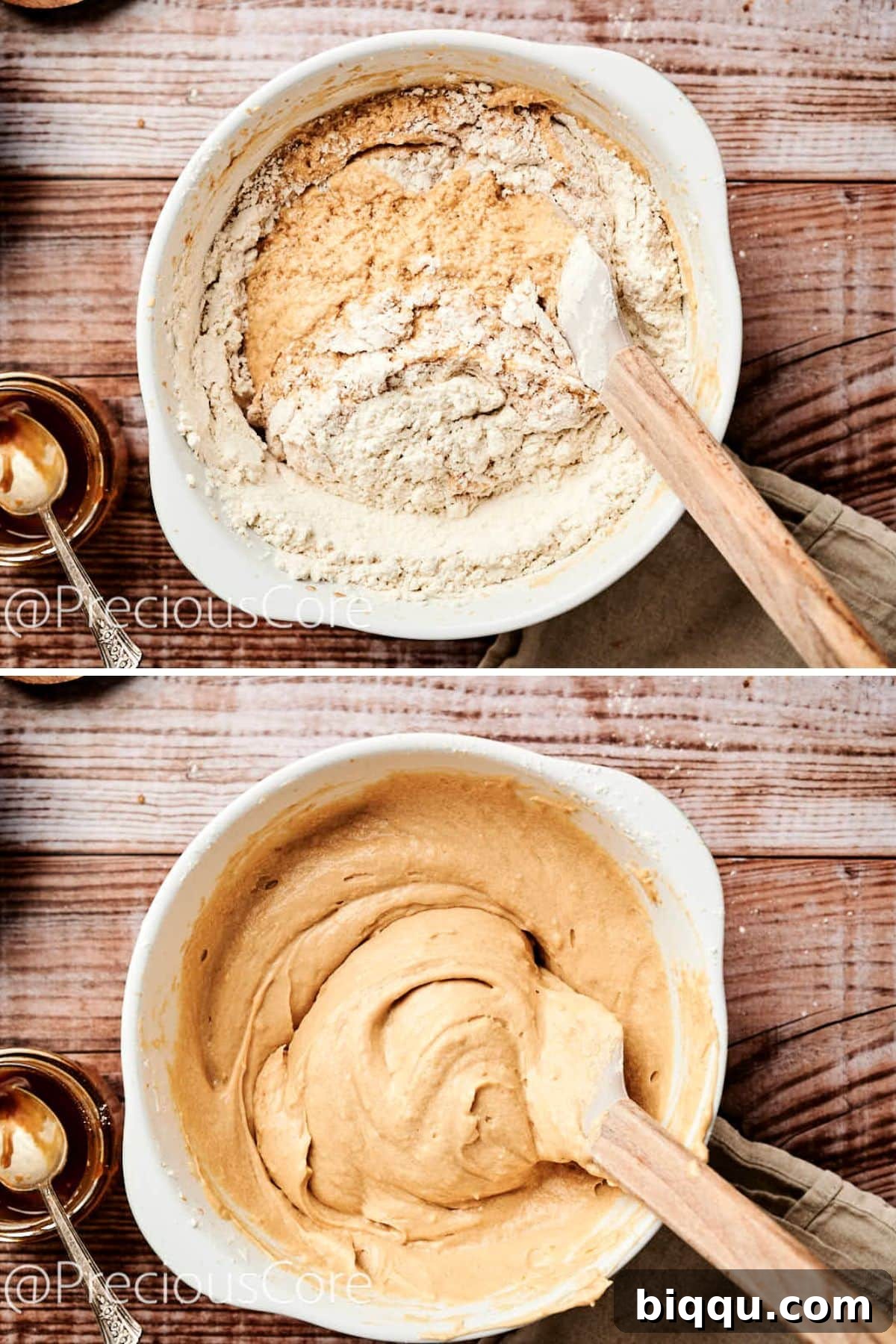 The sifted flour mixture being gently folded into the wet ingredients in a large bowl with a spatula, creating the final cake batter.