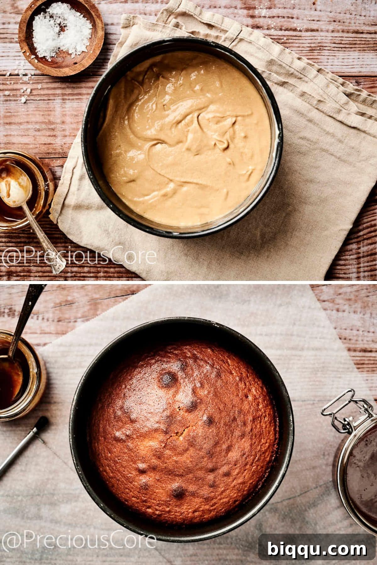 A golden-brown cake layer baking in a round cake pan, perfectly risen and ready to be removed from the oven.