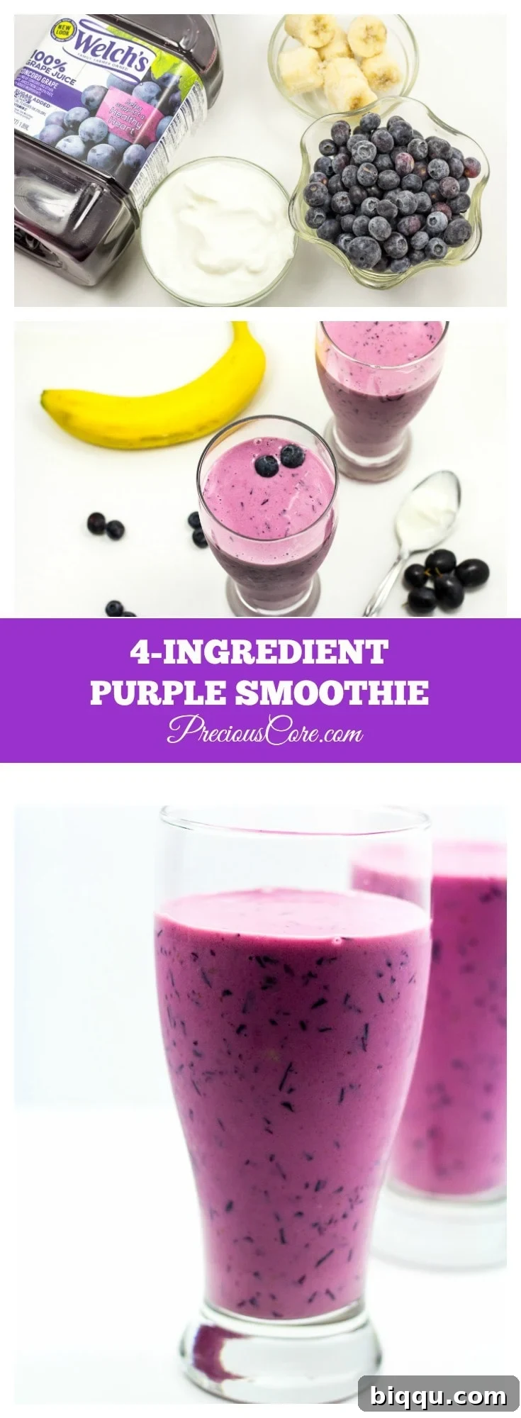 Full glass of 4-ingredient purple smoothie with ingredients around it, showcasing its delicious appeal