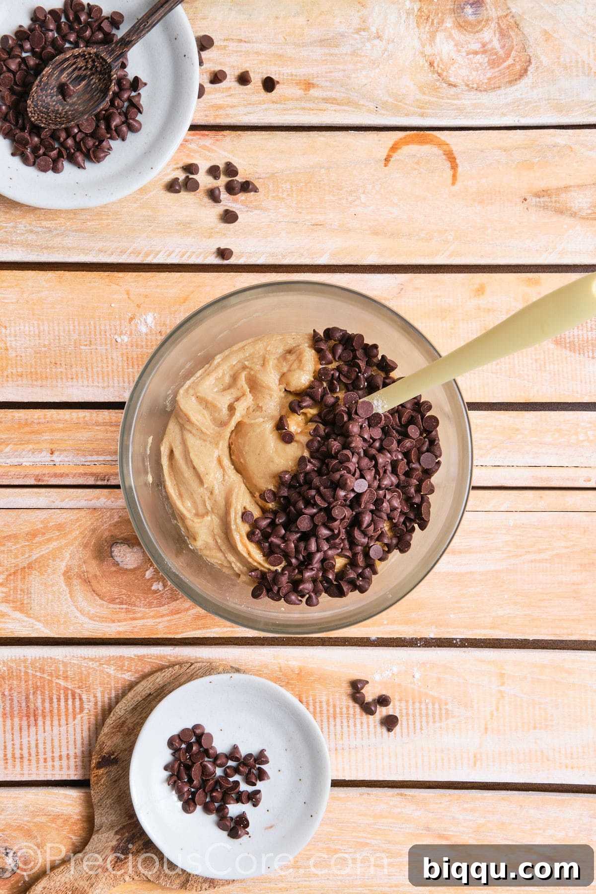 Adding generous dark chocolate chips to the cookie dough mixture in a bowl, ensuring they are evenly folded in for chocolatey goodness in every bite.