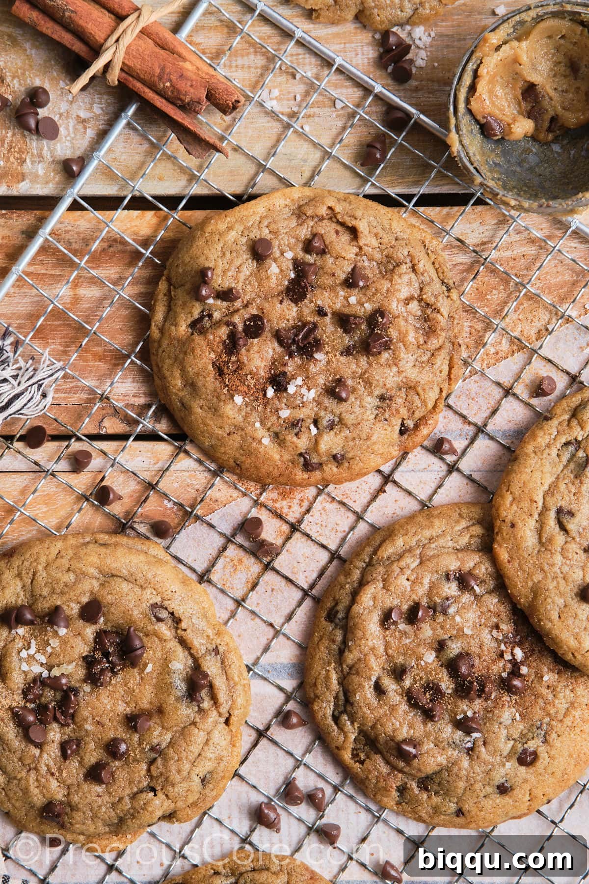 Cinnamon chocolate chip cookies arranged on a wire rack, beautifully sprinkled with flaky sea salt, highlighting their texture and appealing golden-brown finish.