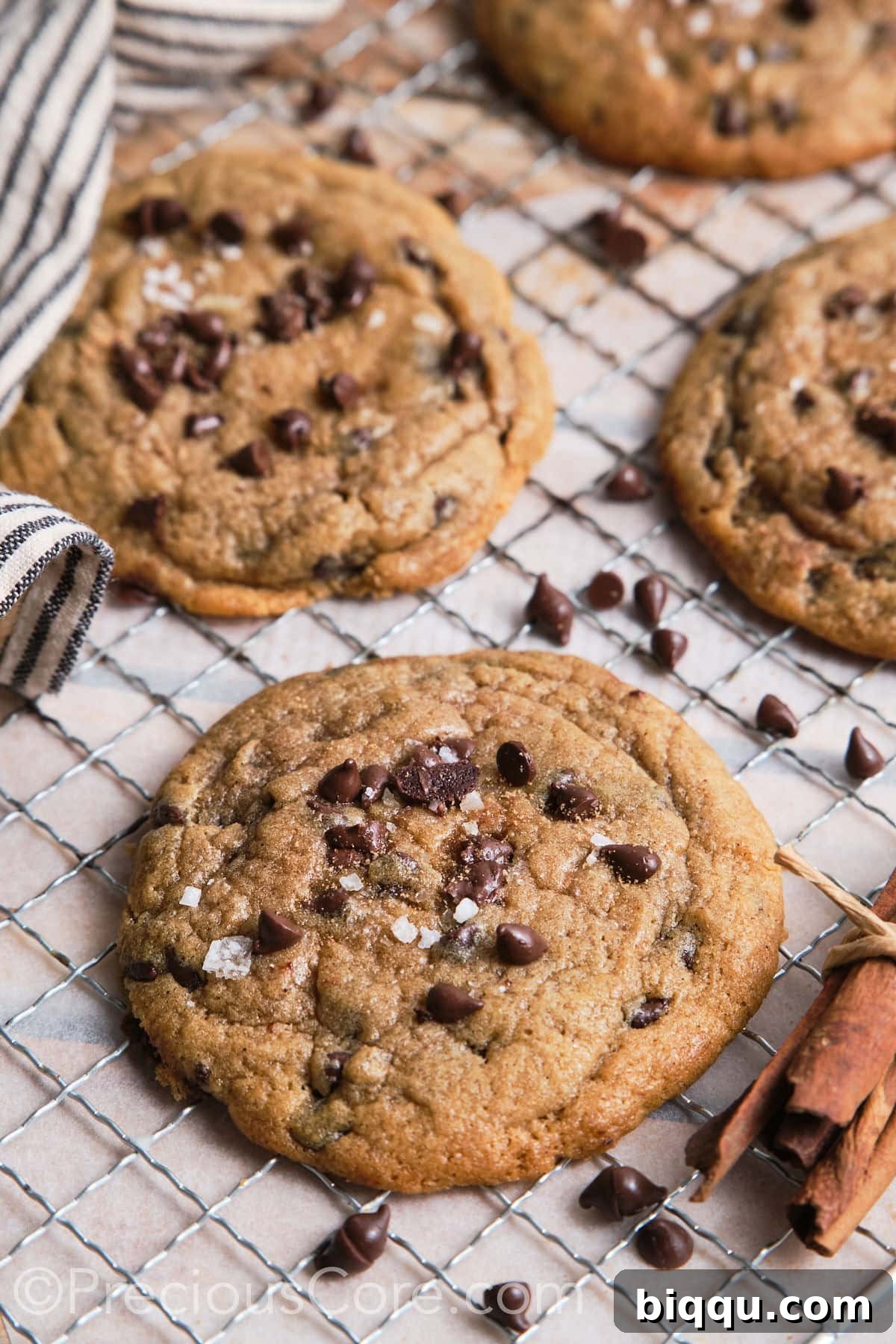 A beautifully arranged stack of crispy and chewy chocolate chip cookies, each adorned with a sprinkle of flaky sea salt, enticingly ready to be enjoyed.