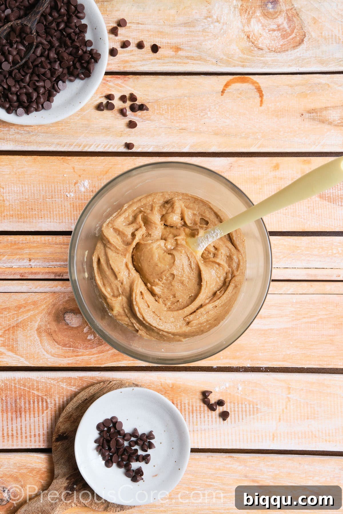 The careful process of combining the wet and dry ingredients for the cookies in a bowl, mixing until just incorporated to ensure a tender dough.