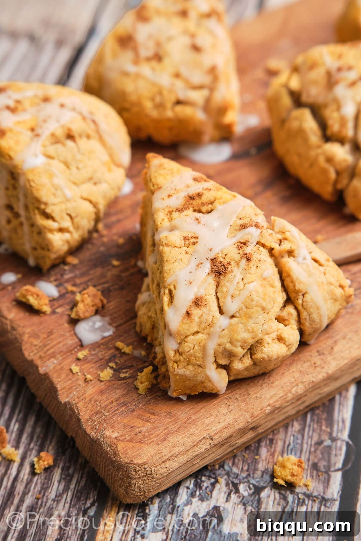 Close up shot of a perfectly baked sweet potato scone, showcasing its tender texture.