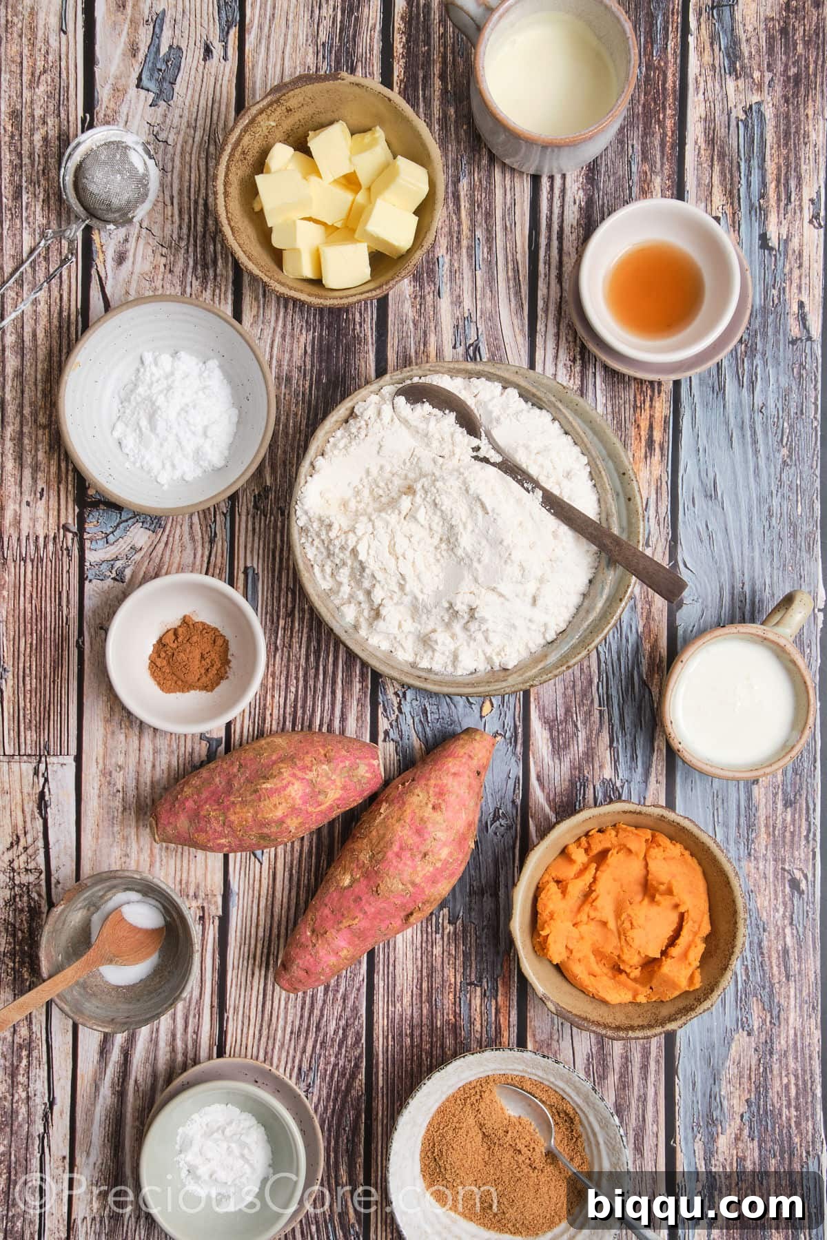 A flat lay of all the ingredients needed to make sweet potato scones.