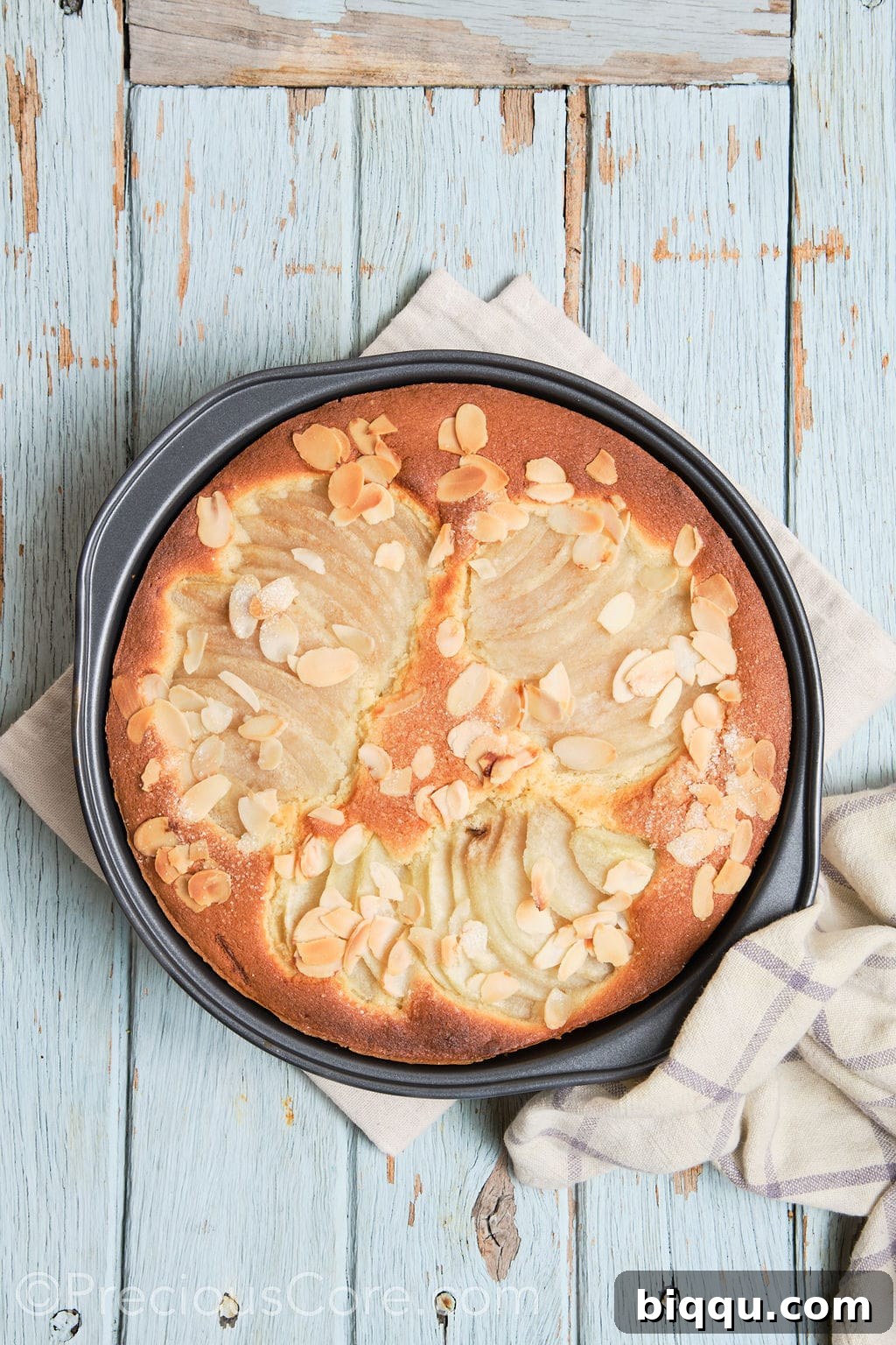 baked pear and almond cake, fresh out of the oven.