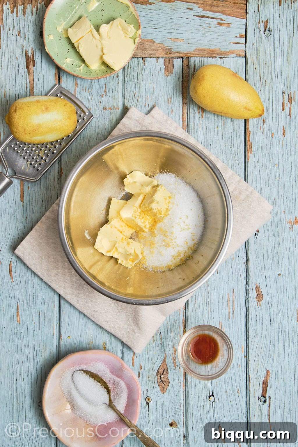 butter, sugar and lemon zest in a mixing bowl.