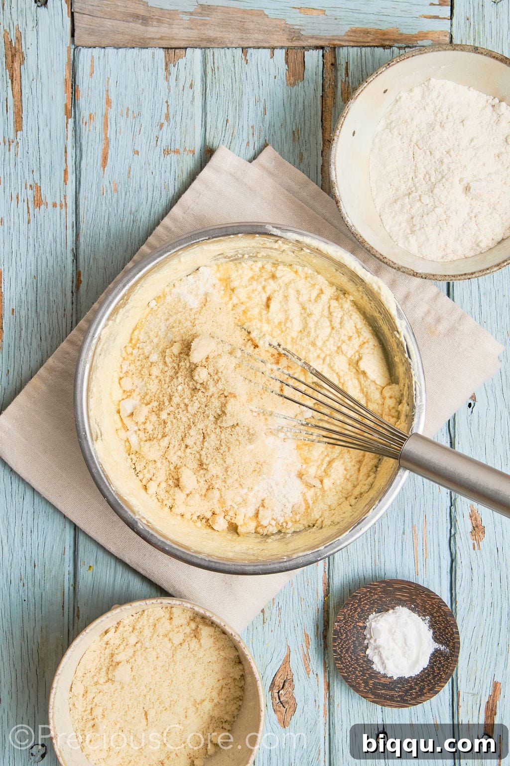 almond flour being whisked into the cake batter.