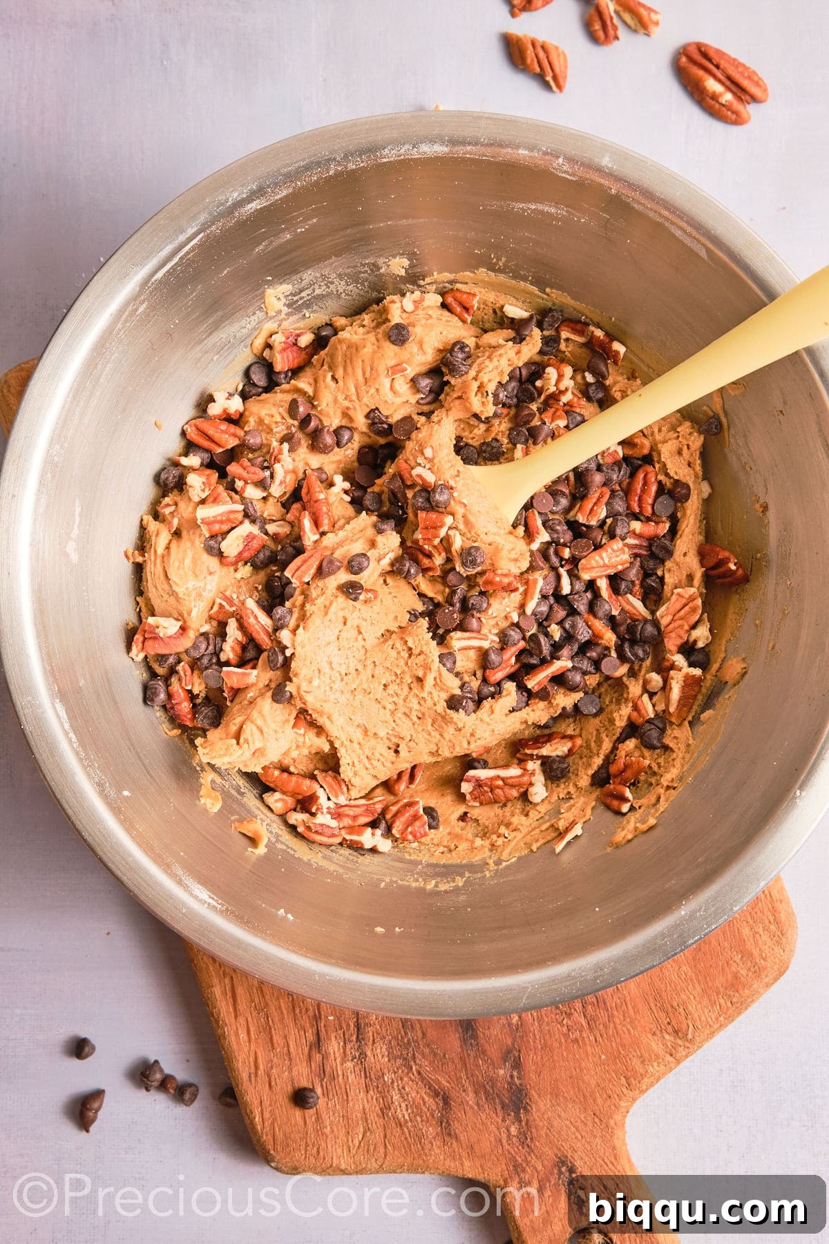 Brown Butter Pecan Bliss Cookies 13 Chopped pecans and dark chocolate chips added to the cookie dough.