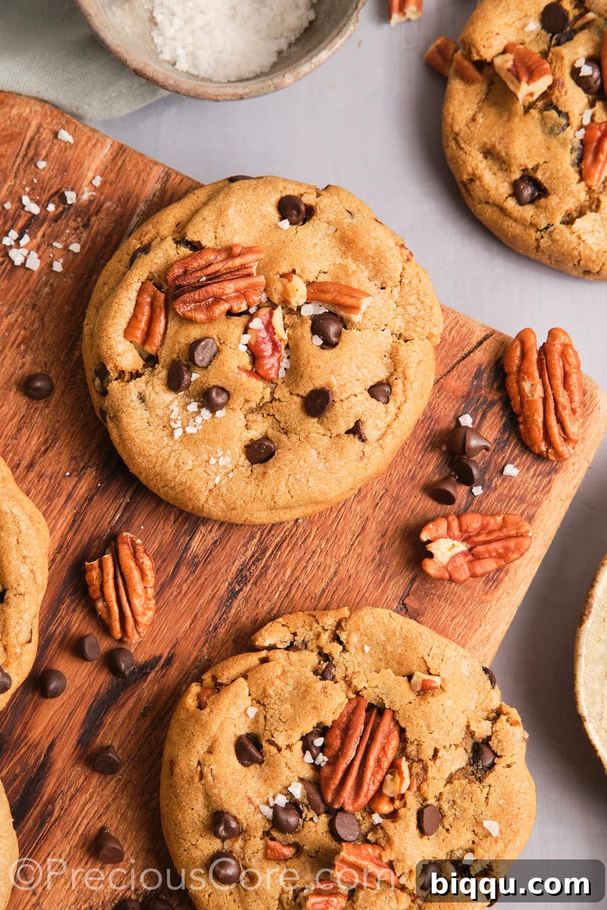 Brown Butter Pecan Bliss Cookies 17 Brown butter pecan cookies sprinkled with flaky sea salt.