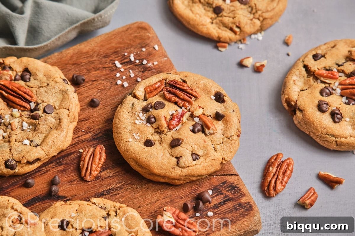 Brown Butter Pecan Bliss Cookies 18 Pecan brown butter cookies topped with chocolate chips on a chopping board.
