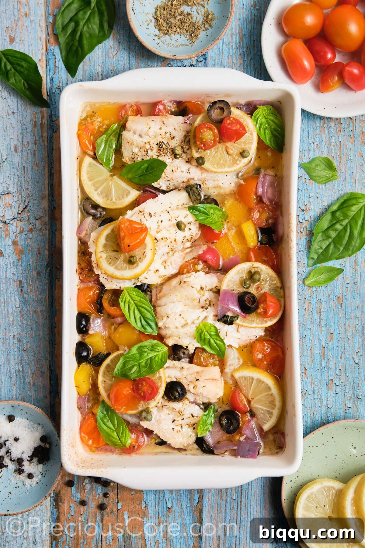 A vibrant Mediterranean baked fish and vegetable dish in a pan, ready to be portioned and served.