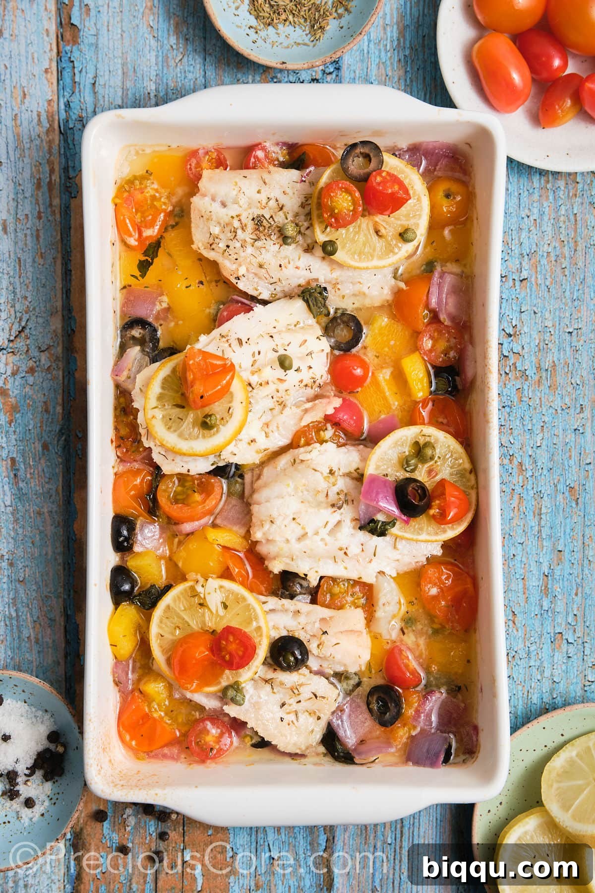 Close-up of baked Mediterranean fish and vegetables still in the pan, looking tender and flavorful, ready to be served.