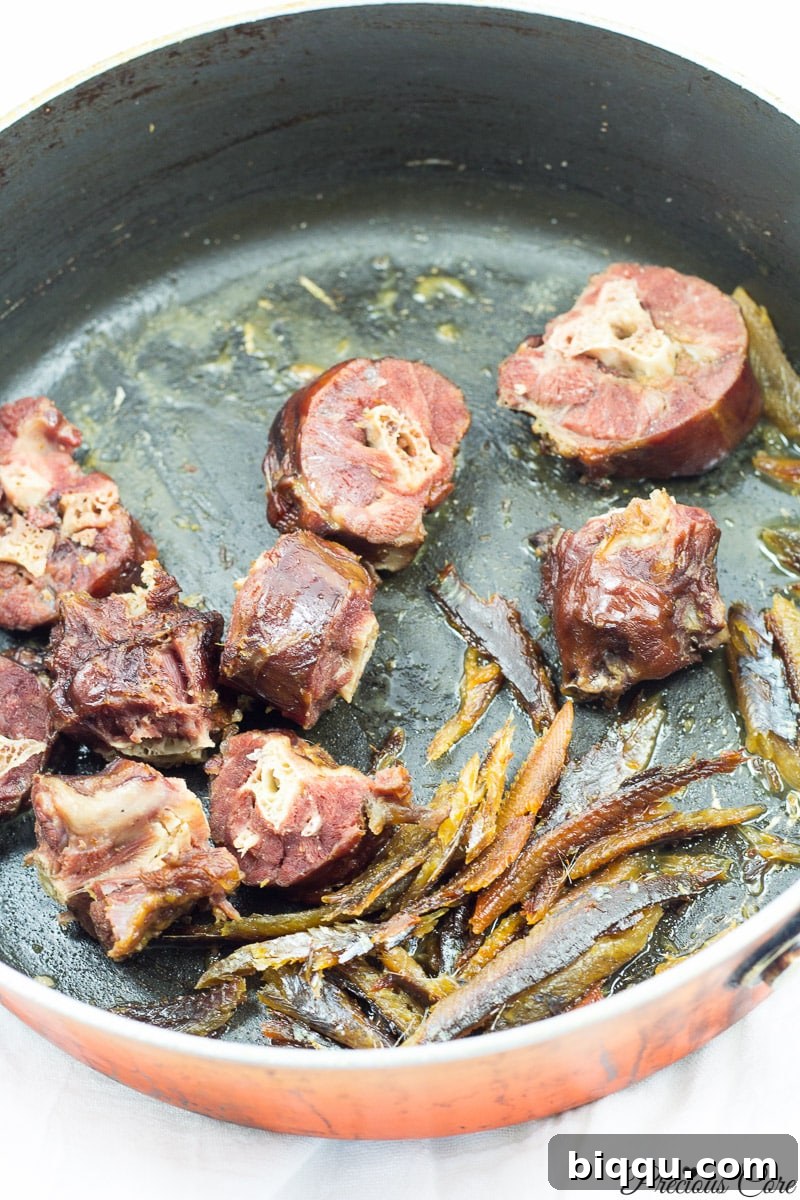 Smoked turkey and dried fish, prepared for African Stewed Spinach
