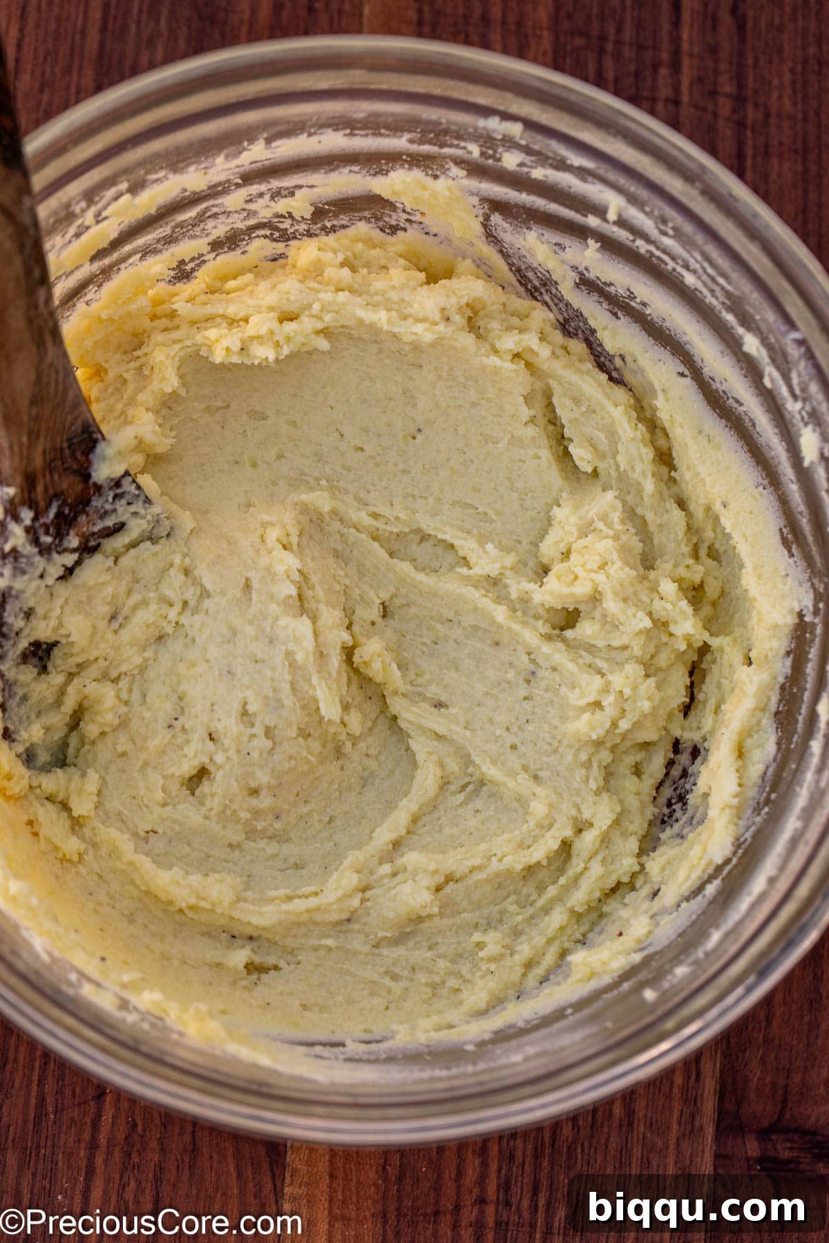 A bowl of perfectly mixed and finished mashed Japanese sweet potatoes, creamy and ready to serve.