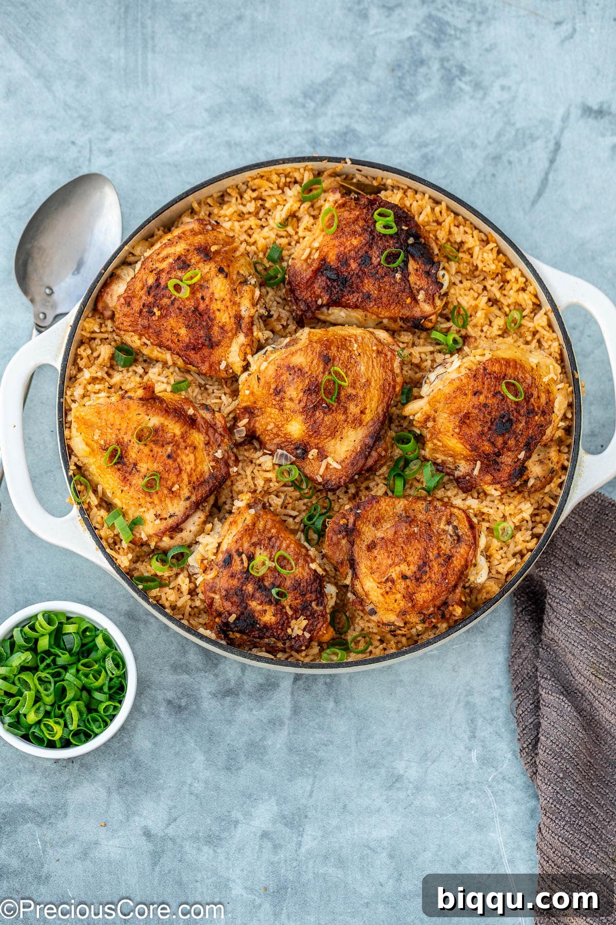 The final dish of cooked chicken thighs and rice, garnished with vibrant green onions, ready to serve.