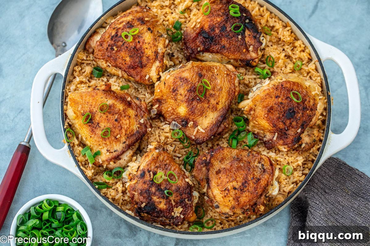Chicken thighs and rice cooked together in a large enameled cast iron pot, showcasing its hearty texture.