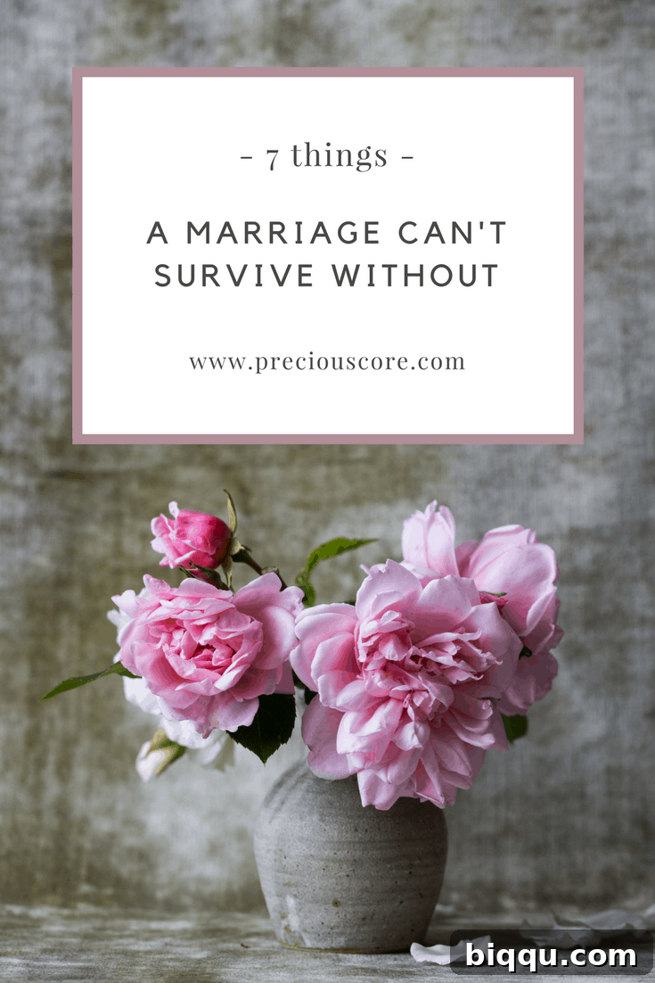 Seven essential elements for a lasting and thriving marriage, including forgiveness, humility, trust, tolerance, compromise, sex, and laughter.