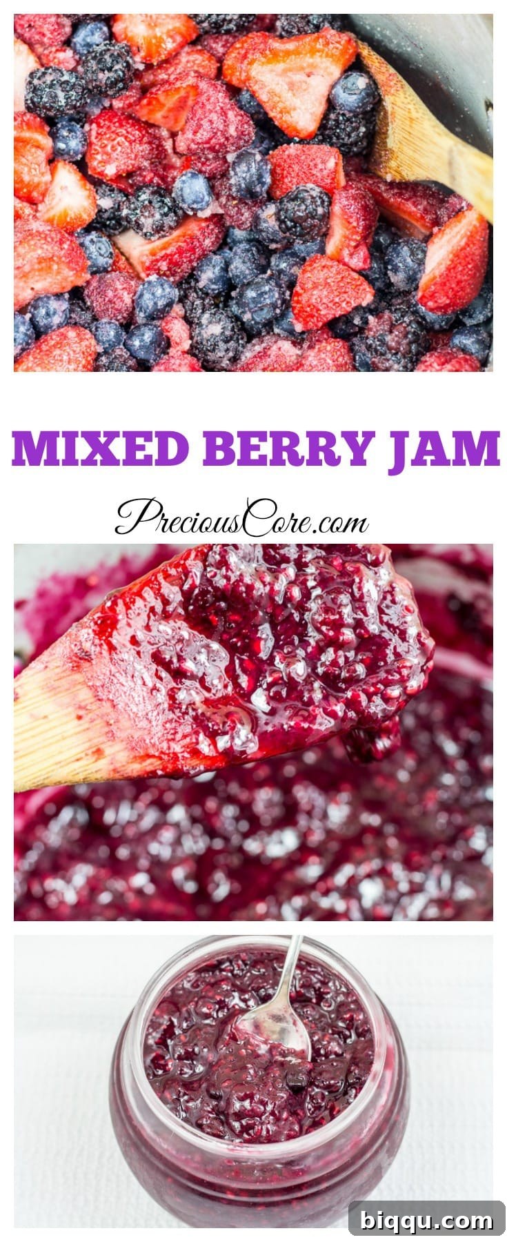 A beautifully designed Pinterest graphic showing a jar of homemade mixed berry jam with text overlay.
