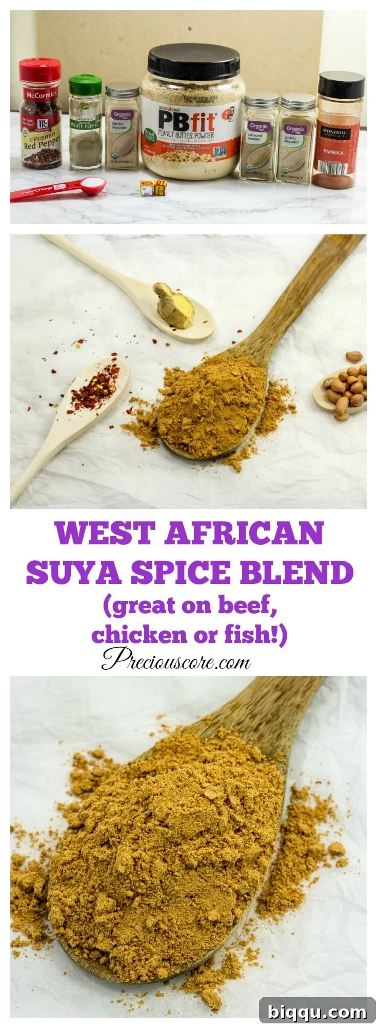 A close-up of the finely ground suya/soya spice blend, showcasing its vibrant color and texture.