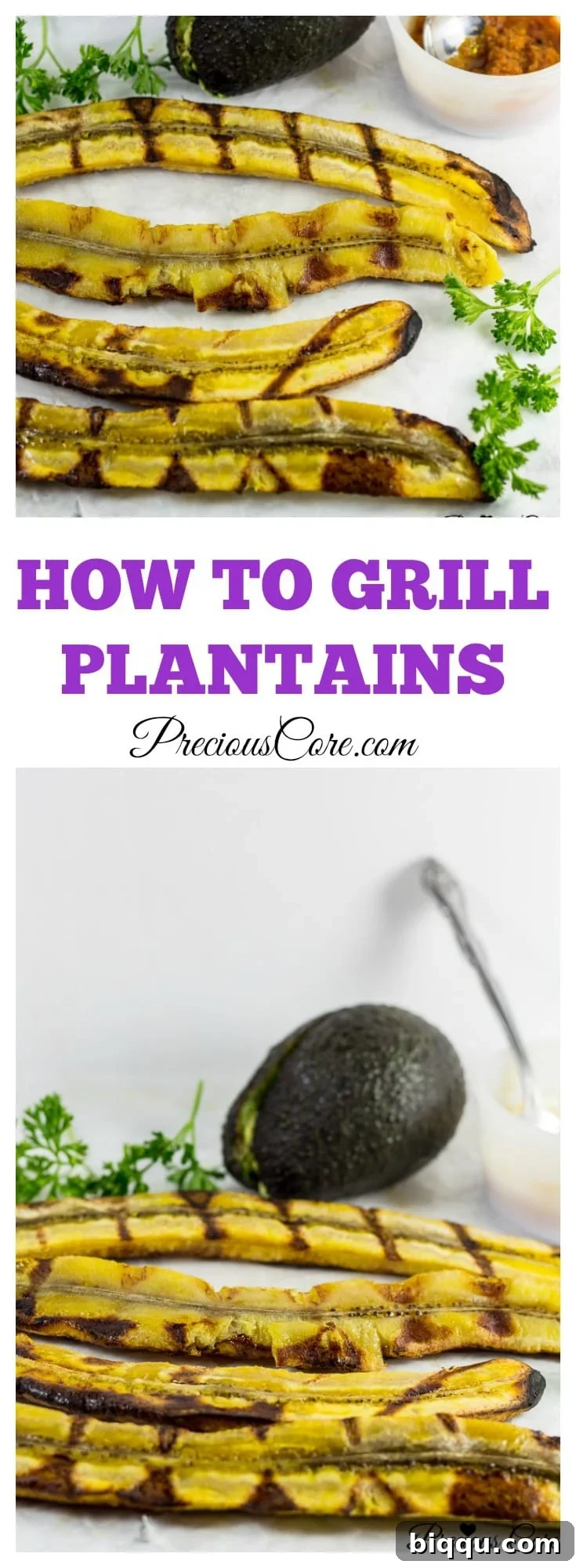 A close-up of perfect grilled plantains with a soft, caramelized interior, demonstrating an easy and healthy recipe.
