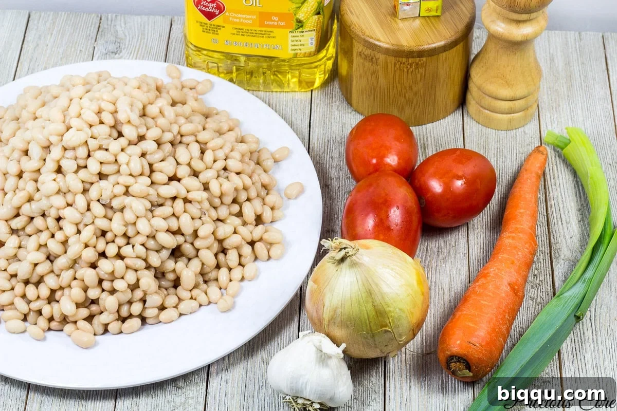 Fresh ingredients for making a delicious white bean stew recipe including tomatoes, onions, garlic, and beans