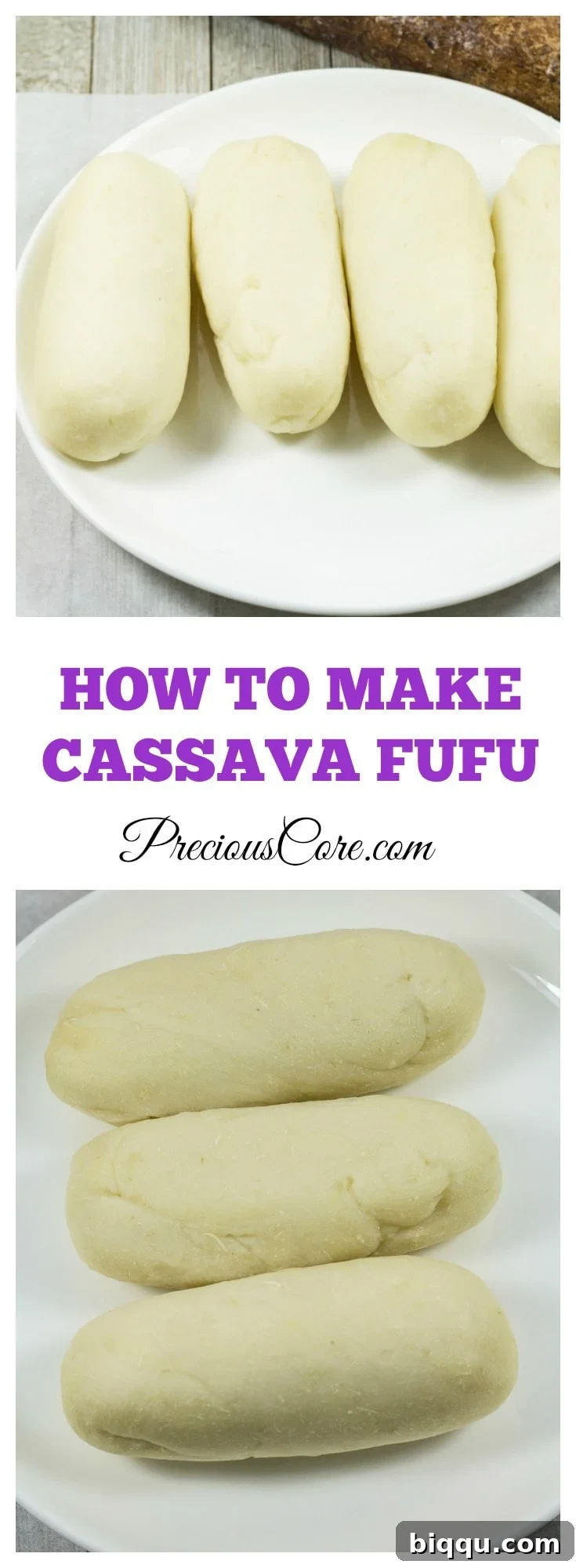 A large vertical image showing the finished Cassava Fufu - Water Fufu from scratch on a plate.