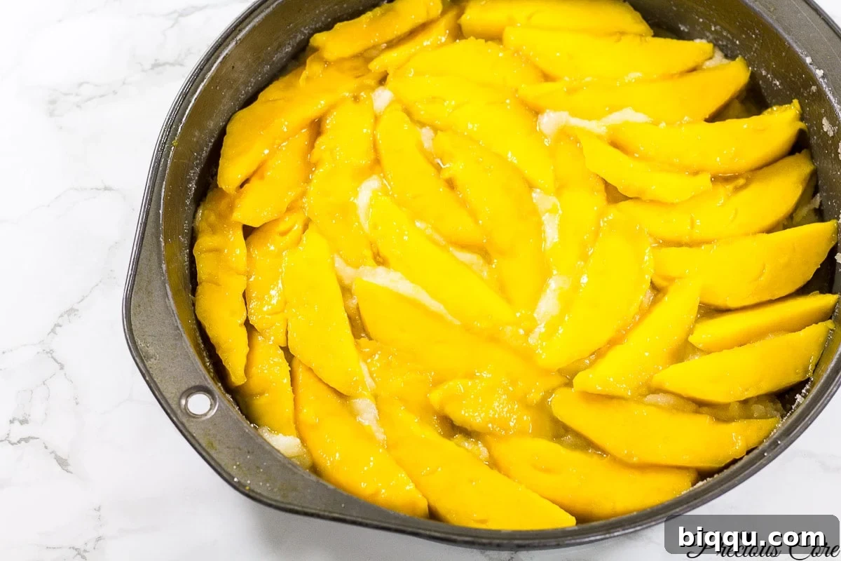 Cake pan with mango slices arranged over a sugar-butter mixture