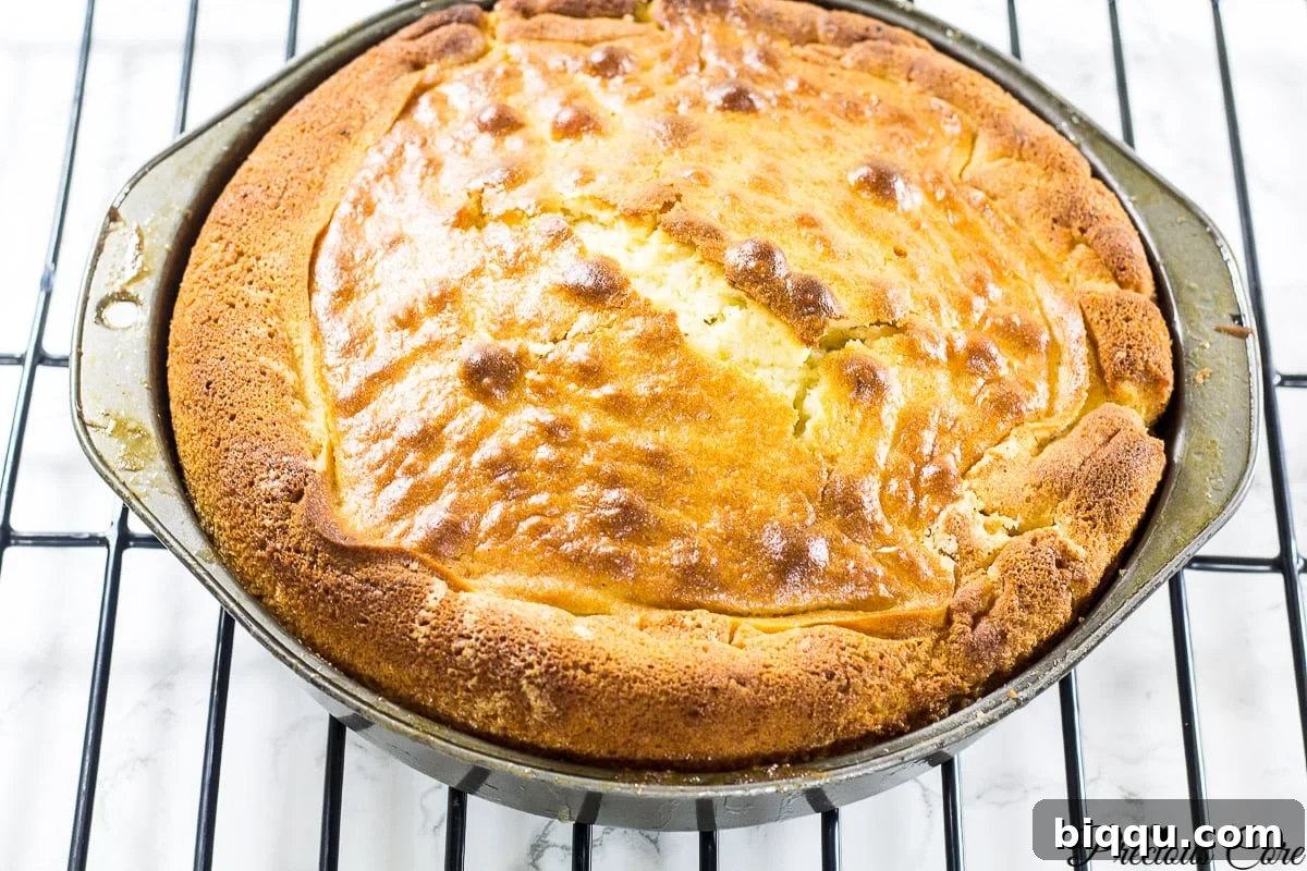 Freshly baked mango upside down cake, still in the pan