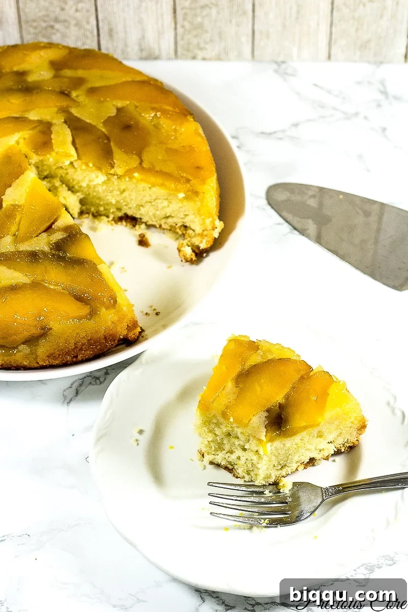 Beautifully presented upside down mango cake