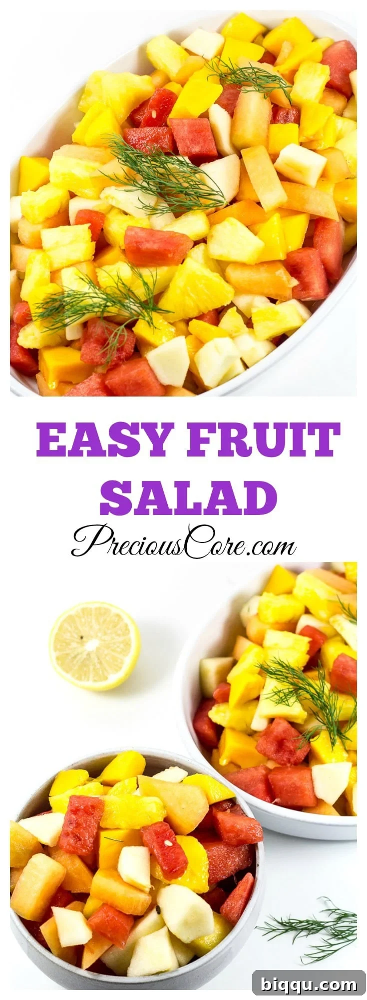 A collage image with the text "Easy Fruit Salad" superimposed, highlighting the simplicity and appeal of this fresh, healthy recipe.