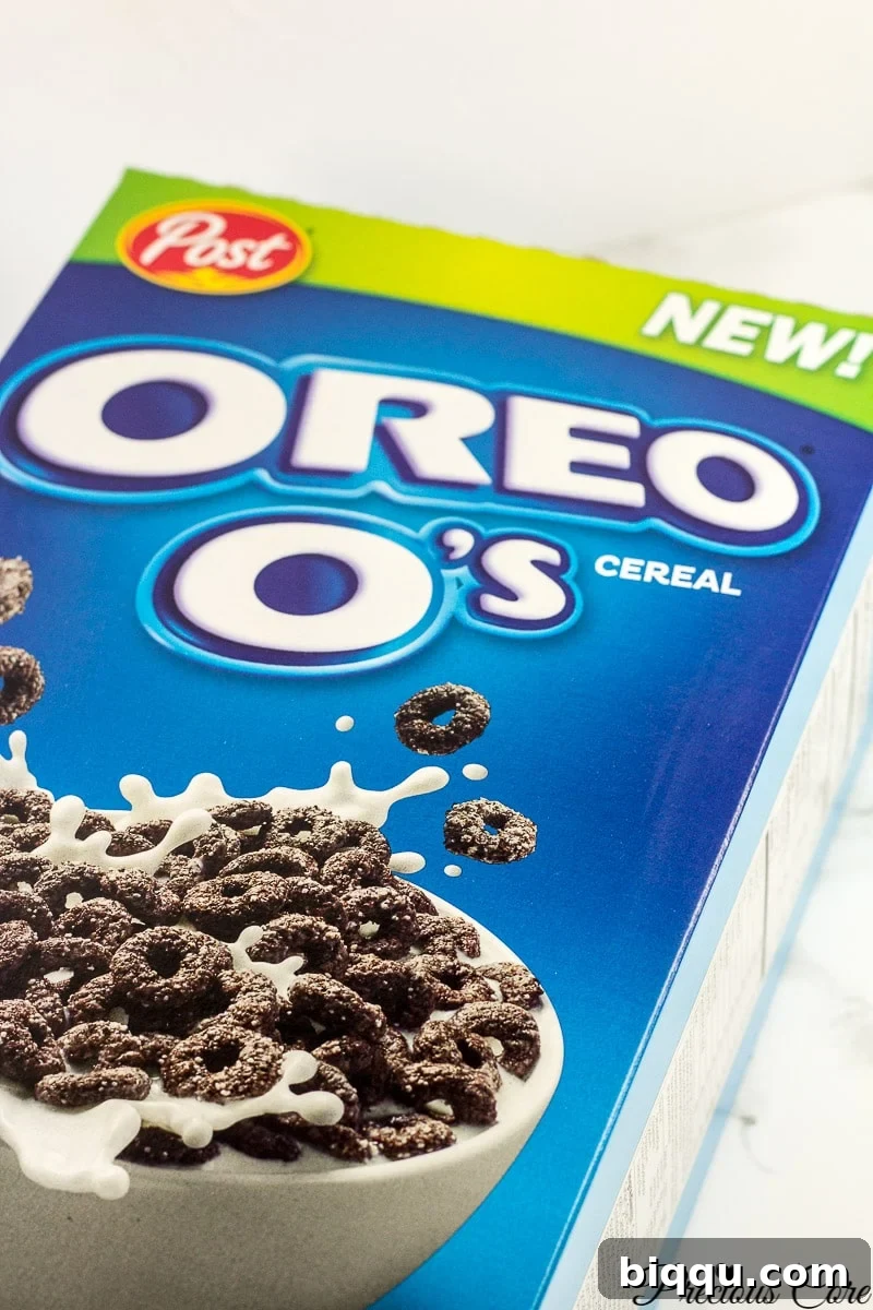 A close-up of Oreo O's cereal in a bowl, with the text 'Oreo O's are back!' superimposed, celebrating its return.