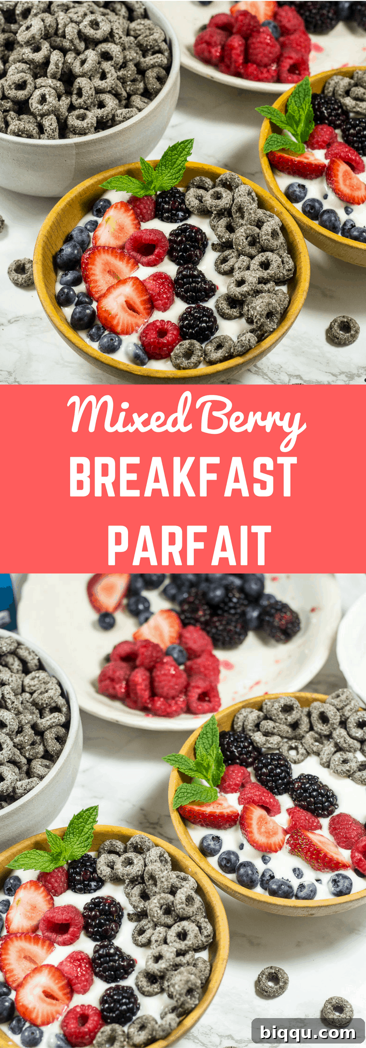 A creative collage displaying 'Mixed Berry Breakfast Parfait' with images of delicious parfait bowls.