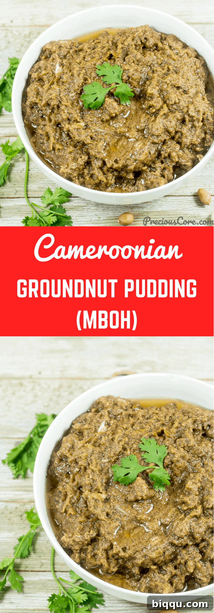 Collage with text "Cameroonian Groundnut Pudding (Mboh)."