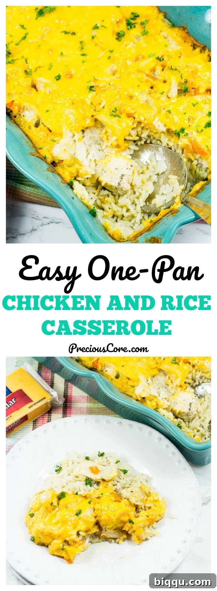 Collage with text "Easy One-Pan Chicken and Rice Casserole." - A delightful family dinner idea that