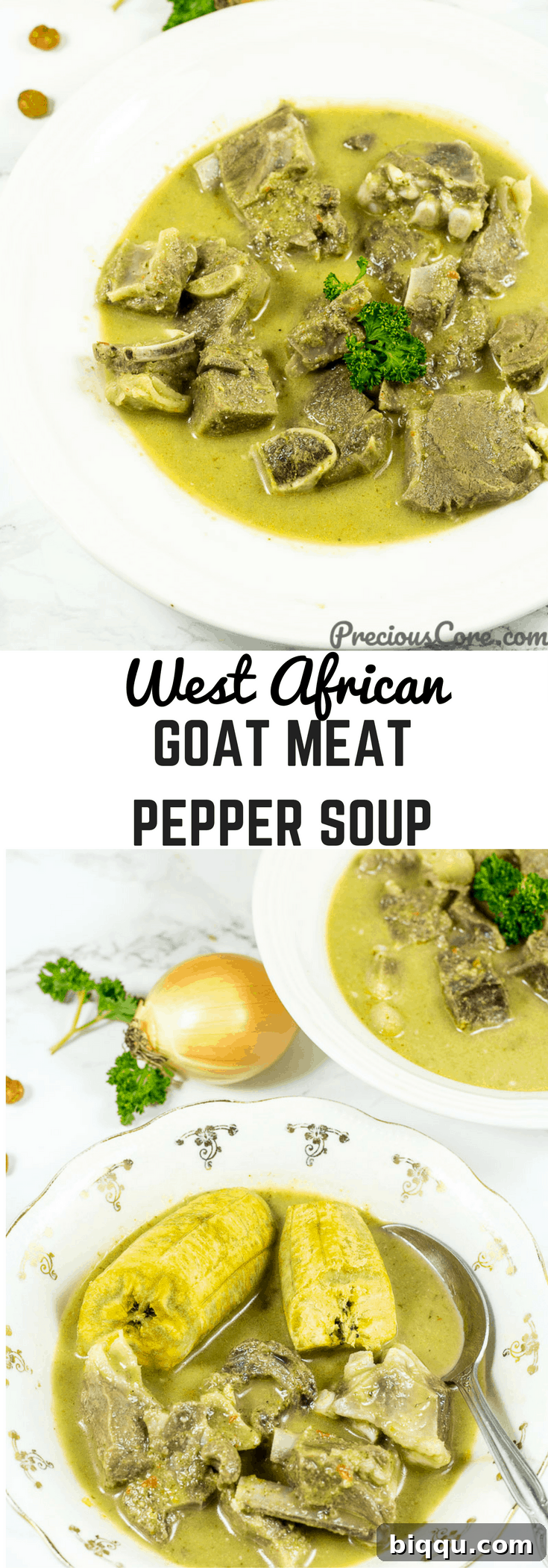 Collage with text "West African Goat Meat Pepper Soup."